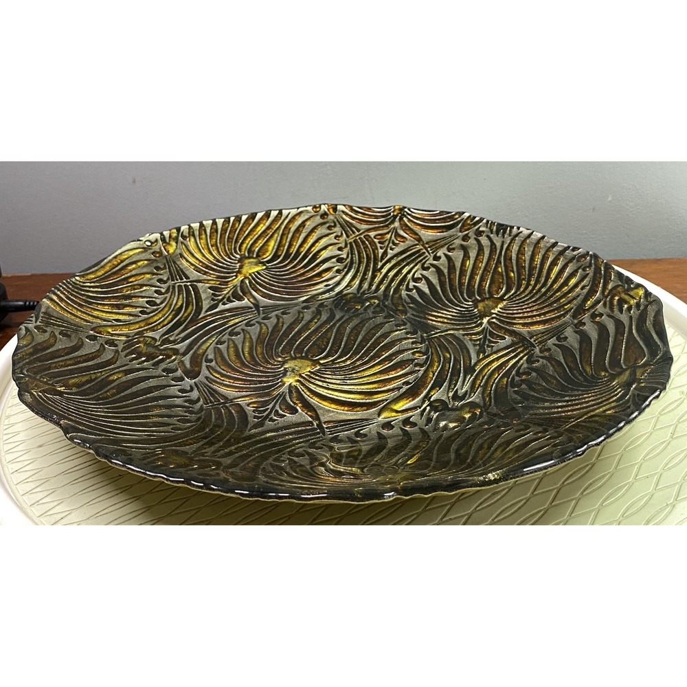 Vintage Three‎ Heads Hand Painted Glass Decorative Gold&Brown Decor Bowl 15" EUC - Picture 4 of 4